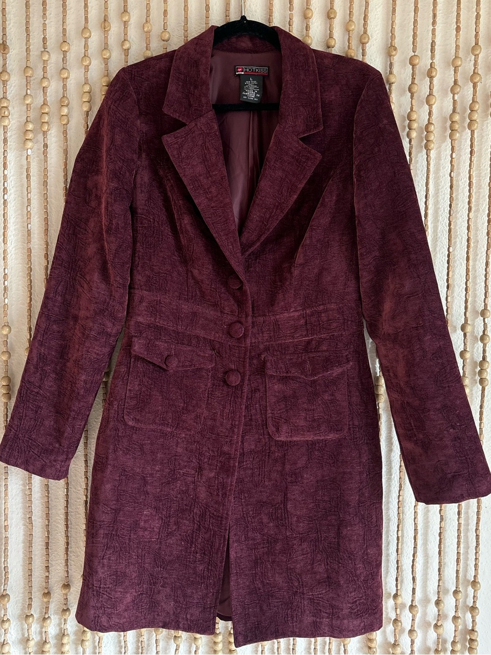 Vintage Y2K Jacquard Silky Burgundy Wine Long Sleeve Long Boho Grunge Jacket L